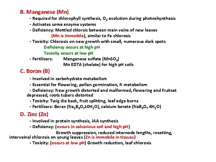 B. Manganese (Mn) - Required for chlorophyll synthesis, O 2 evolution during photoshynthesis -