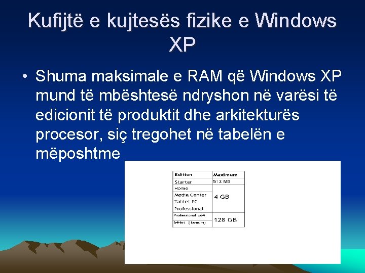 Kufijtë e kujtesës fizike e Windows XP • Shuma maksimale e RAM që Windows