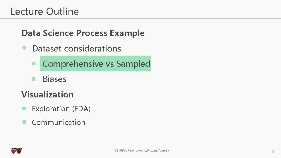 Lecture Outline Data Science Process Example Dataset considerations Comprehensive vs Sampled Biases Visualization Exploration Lecture Outline Data Science Process Example Dataset considerations Comprehensive vs Sampled Biases Visualization Exploration