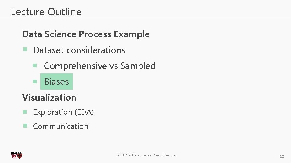 Lecture Outline Data Science Process Example Dataset considerations Comprehensive vs Sampled Biases Visualization Exploration Lecture Outline Data Science Process Example Dataset considerations Comprehensive vs Sampled Biases Visualization Exploration