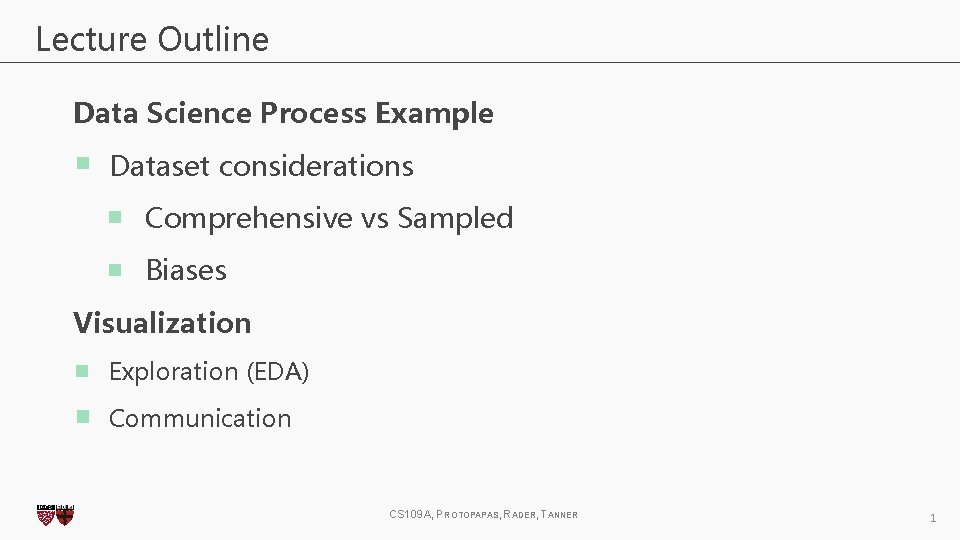 Lecture Outline Data Science Process Example Dataset considerations Comprehensive vs Sampled Biases Visualization Exploration Lecture Outline Data Science Process Example Dataset considerations Comprehensive vs Sampled Biases Visualization Exploration