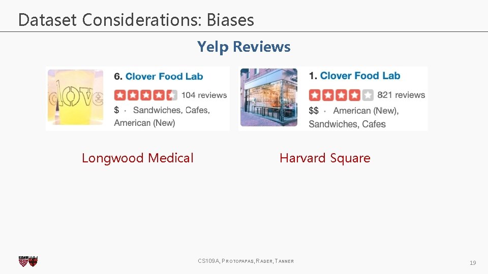 Dataset Considerations: Biases Yelp Reviews Longwood Medical Harvard Square CS 109 A, PROTOPAPAS, RADER, Dataset Considerations: Biases Yelp Reviews Longwood Medical Harvard Square CS 109 A, PROTOPAPAS, RADER,