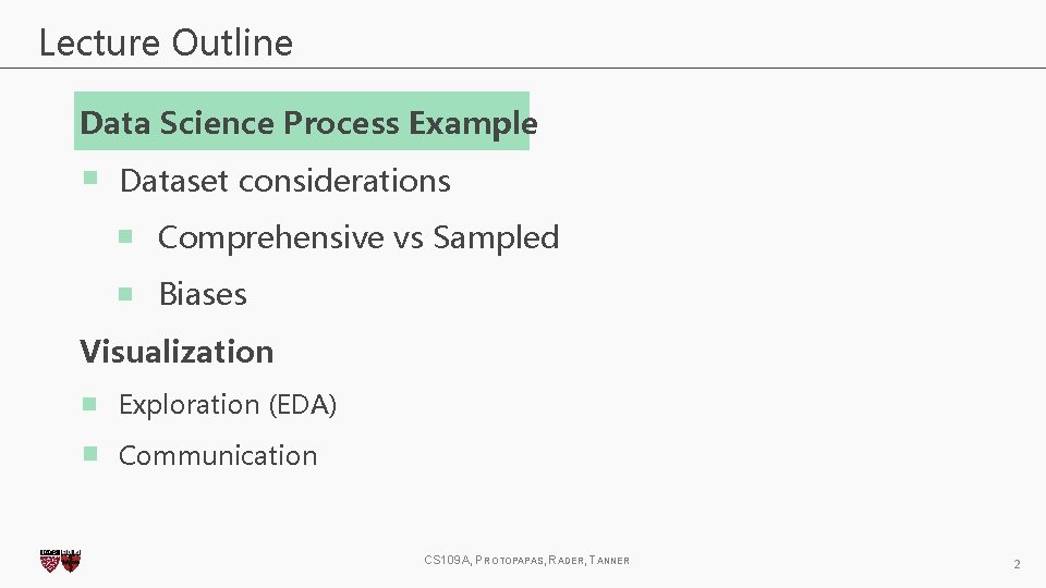 Lecture Outline Data Science Process Example Dataset considerations Comprehensive vs Sampled Biases Visualization Exploration Lecture Outline Data Science Process Example Dataset considerations Comprehensive vs Sampled Biases Visualization Exploration