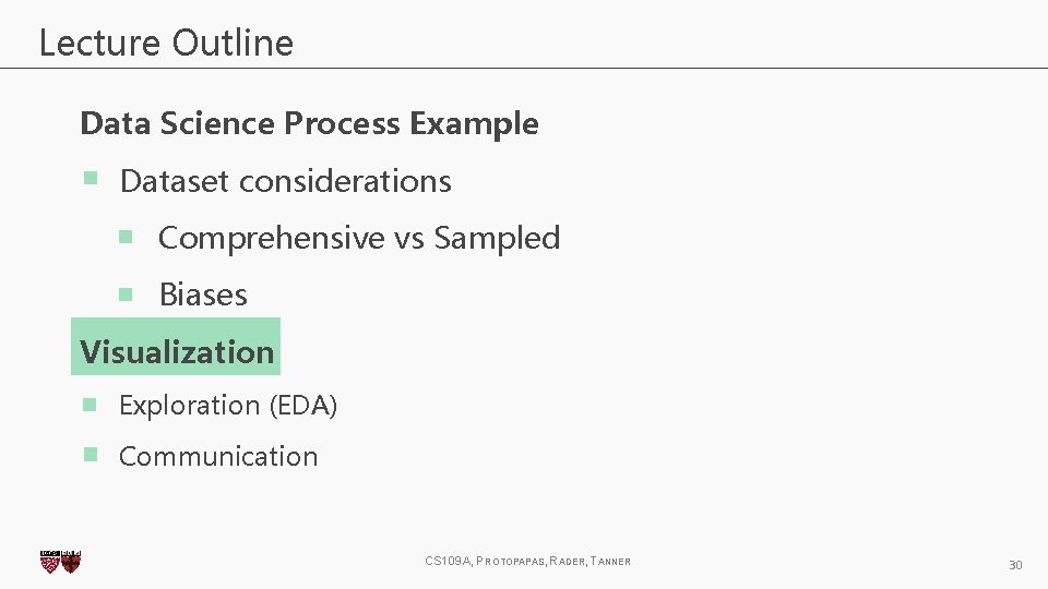 Lecture Outline Data Science Process Example Dataset considerations Comprehensive vs Sampled Biases Visualization Exploration Lecture Outline Data Science Process Example Dataset considerations Comprehensive vs Sampled Biases Visualization Exploration