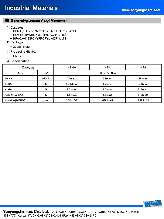Industrial Materials www. sooyangchem. com ● General-purpose Acryl Monomer 1. Category - HEMA(2 -HYDROXYETHYL
