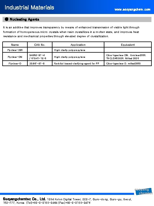 Industrial Materials www. sooyangchem. com ● Nucleating Agents It is an additive that improves