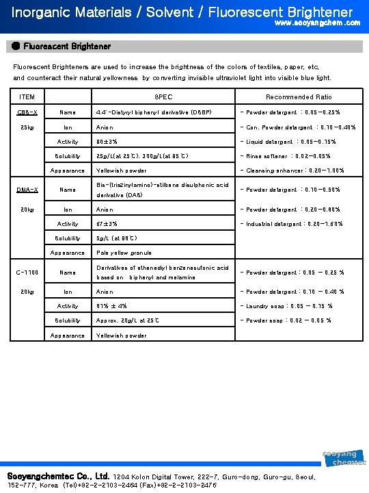 Inorganic Materials / Solvent / Fluorescent Brightener www. sooyangchem. com ● Fluorescent Brighteners are