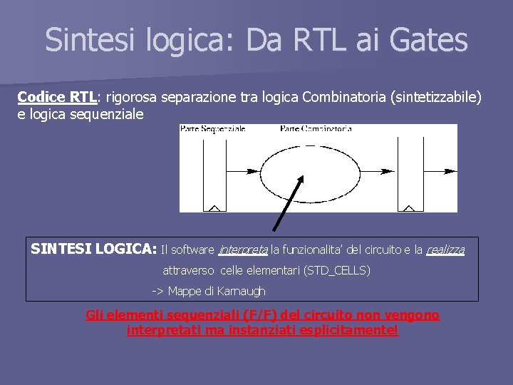 Sintesi logica: Da RTL ai Gates Codice RTL: rigorosa separazione tra logica Combinatoria (sintetizzabile)