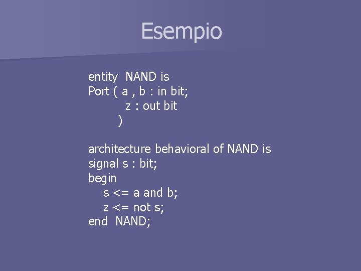 Esempio entity NAND is Port ( a , b : in bit; z :