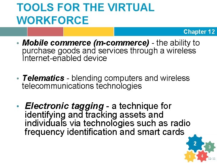 TOOLS FOR THE VIRTUAL WORKFORCE Chapter 12 • Mobile commerce (m-commerce) - the ability