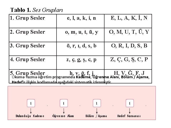 Tablo 1. Ses Grupları 1. Grup Sesler e, l, a, k, i, n E,