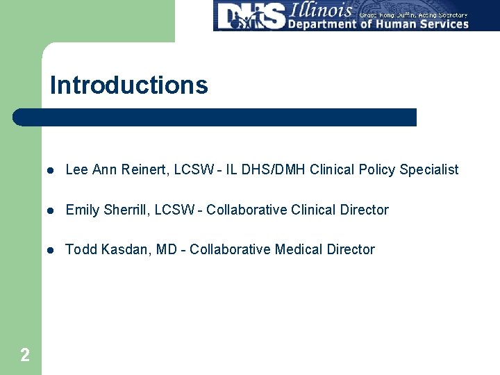 Introductions 2 l Lee Ann Reinert, LCSW - IL DHS/DMH Clinical Policy Specialist l