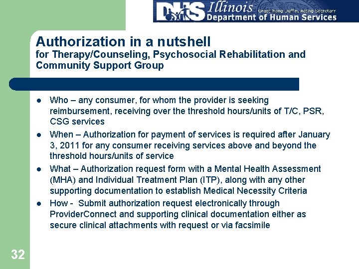 Authorization in a nutshell for Therapy/Counseling, Psychosocial Rehabilitation and Community Support Group l l