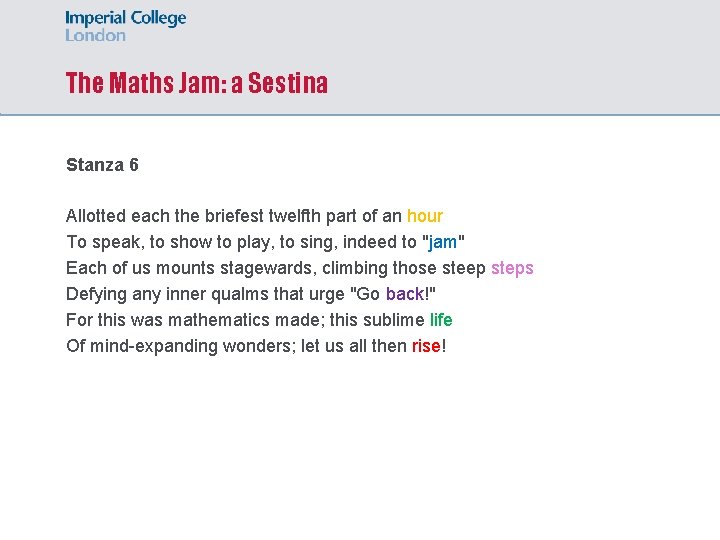 The Maths Jam: a Sestina Stanza 6 Allotted each the briefest twelfth part of