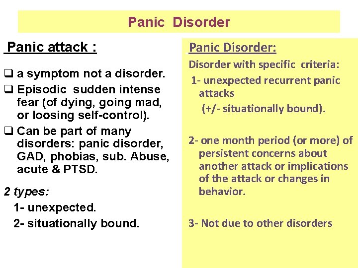 Panic Disorder Panic attack : q a symptom not a disorder. q Episodic sudden