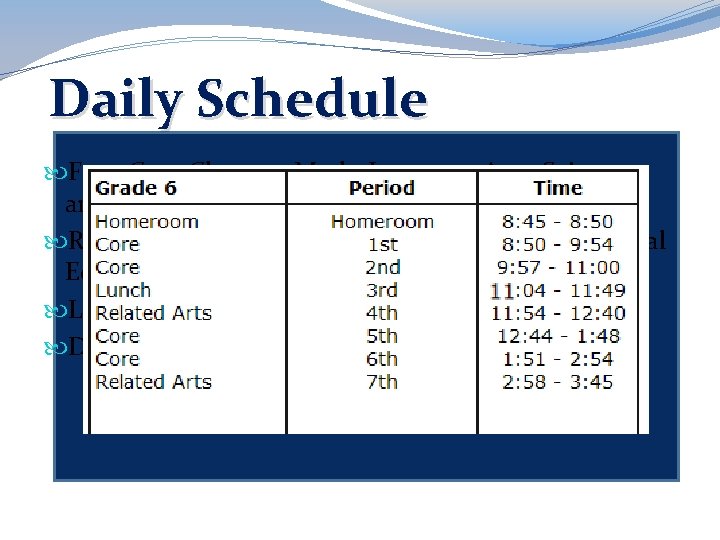 Daily Schedule Four Core Classes – Math, Language Arts, Science, and Social Studies Related