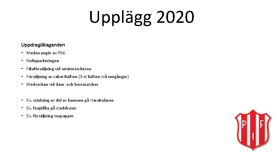 Upplägg 2020 Uppdrag/åtaganden • Medarrangör av PSG • Noliaparkeringen • Fikaförsäljning vid seriematcherna •