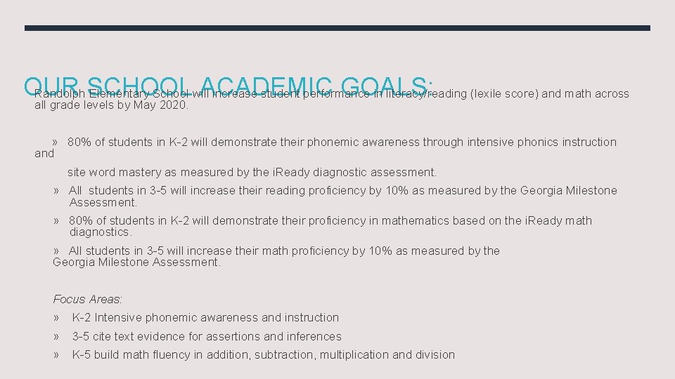 OUR SCHOOL ACADEMIC GOALS: Randolph Elementary School will increase student performance in literacy/reading (lexile