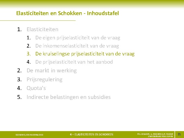Elasticiteiten en Schokken - Inhoudstafel 1. Elasticiteiten 1. 2. 3. 4. 5. De eigen
