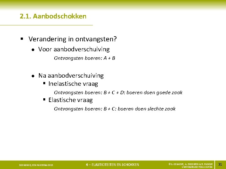 2. 1. Aanbodschokken § Verandering in ontvangsten? l Voor aanbodverschuiving Ontvangsten boeren: A +