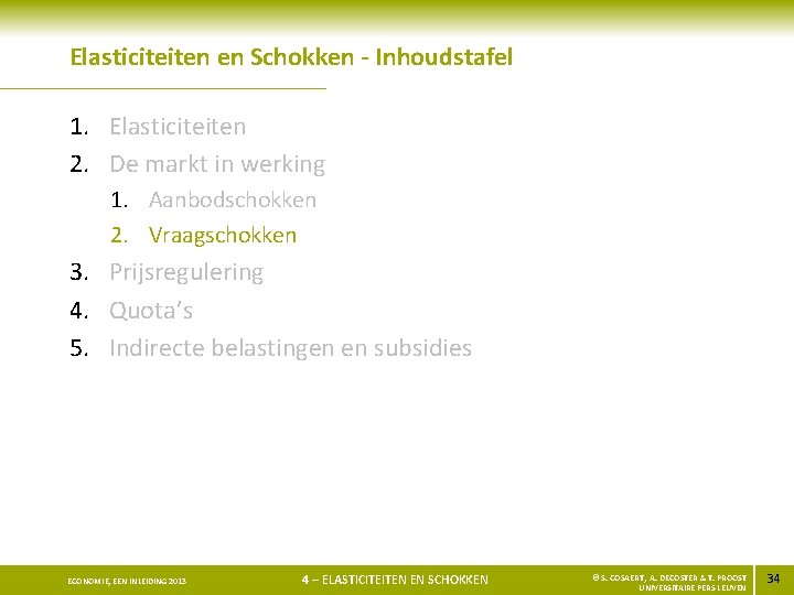 Elasticiteiten en Schokken - Inhoudstafel 1. Elasticiteiten 2. De markt in werking 1. Aanbodschokken