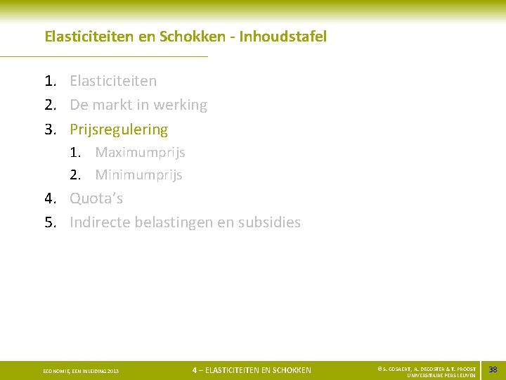 Elasticiteiten en Schokken - Inhoudstafel 1. Elasticiteiten 2. De markt in werking 3. Prijsregulering