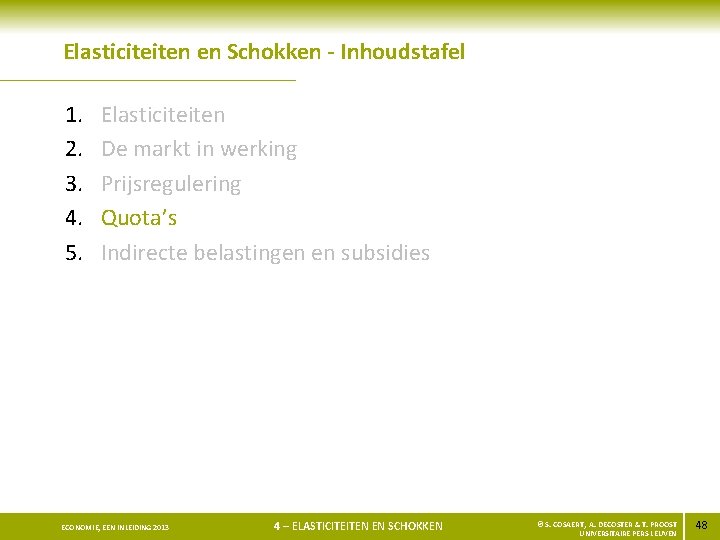 Elasticiteiten en Schokken - Inhoudstafel 1. 2. 3. 4. 5. Elasticiteiten De markt in