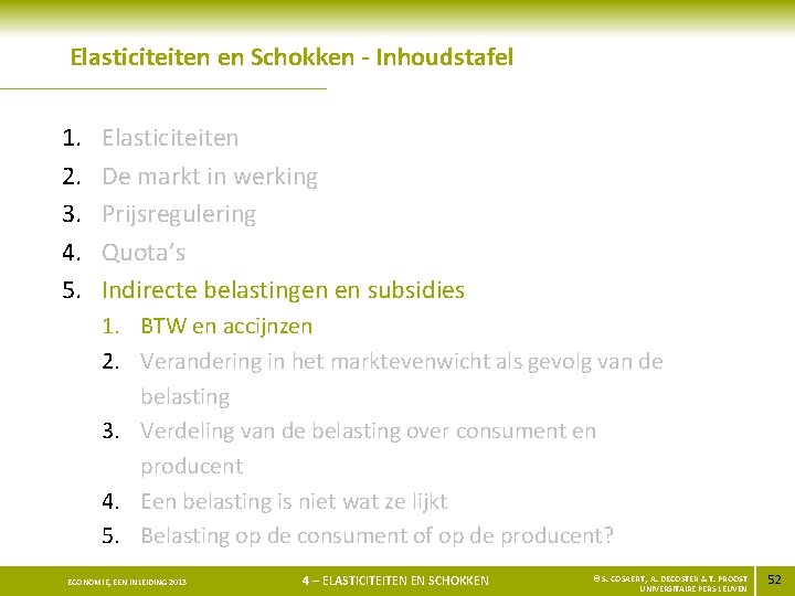 Elasticiteiten en Schokken - Inhoudstafel 1. 2. 3. 4. 5. Elasticiteiten De markt in