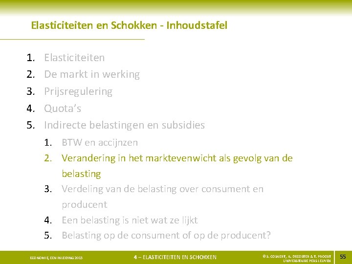 Elasticiteiten en Schokken - Inhoudstafel 1. 2. 3. 4. 5. Elasticiteiten De markt in