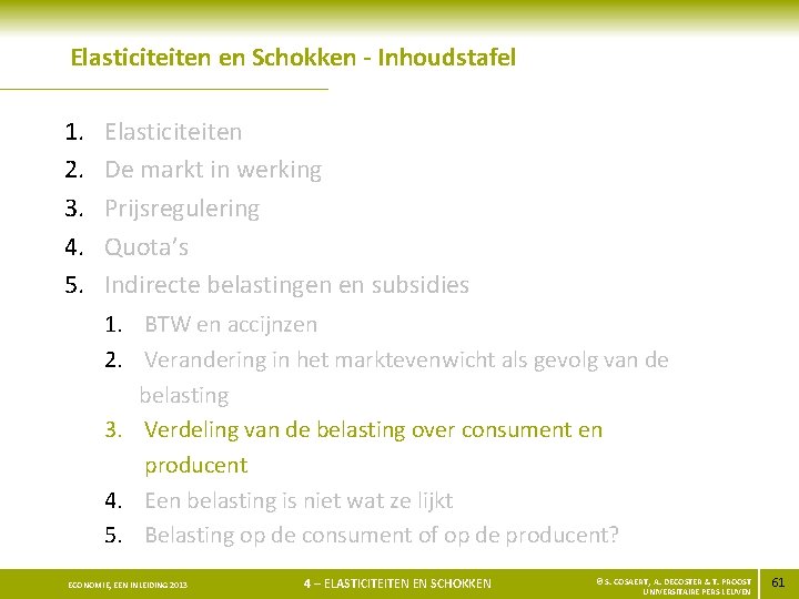 Elasticiteiten en Schokken - Inhoudstafel 1. 2. 3. 4. 5. Elasticiteiten De markt in