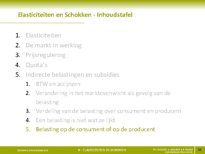 Elasticiteiten en Schokken - Inhoudstafel 1. 2. 3. 4. 5. Elasticiteiten De markt in