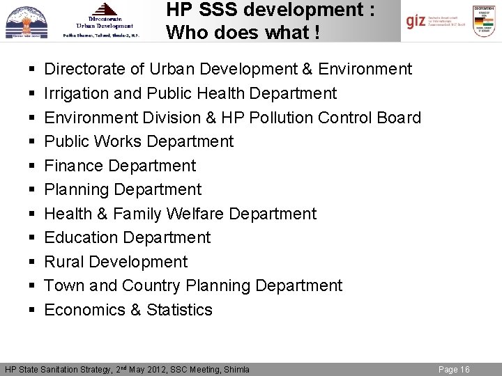 HP SSS development : Who does what ! § § § Directorate of Urban