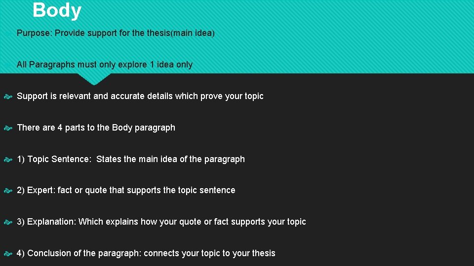 Body Purpose: Provide support for thesis(main idea) All Paragraphs must only explore 1 idea