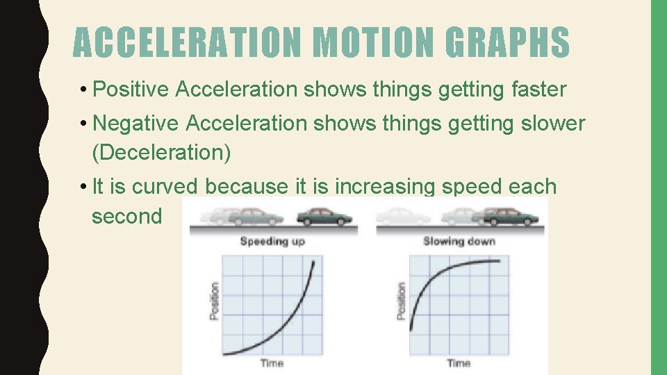 ACCELERATION MOTION GRAPHS • Positive Acceleration shows things getting faster • Negative Acceleration shows