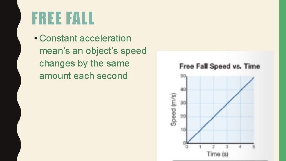 FREE FALL • Constant acceleration mean’s an object’s speed changes by the same amount