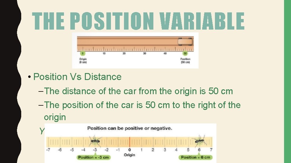 THE POSITION VARIABLE • Position Vs Distance – The distance of the car from