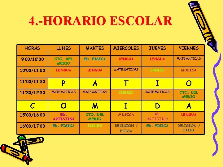 4. -HORARIO ESCOLAR HORAS LUNES MARTES MIERCOLES JUEVES VIERNES 9’ 00/10’ 00 CTO. DEL