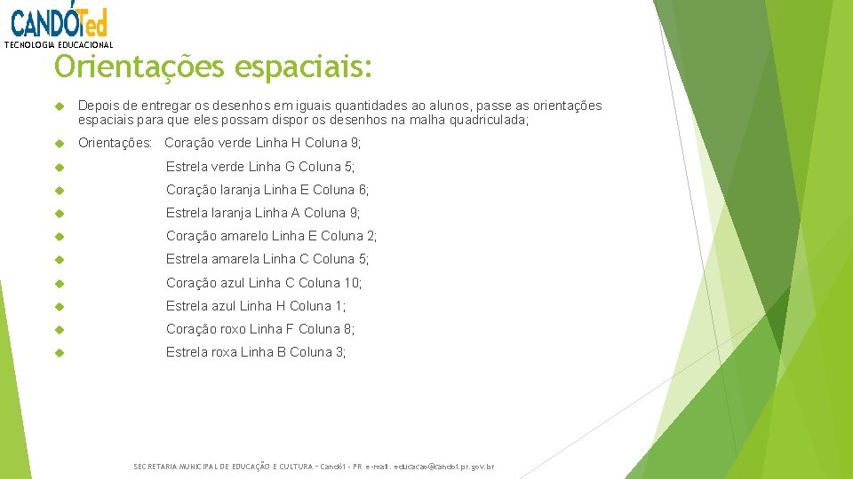 TECNOLOGIA EDUCACIONAL Orientações espaciais: Depois de entregar os desenhos em iguais quantidades ao alunos,