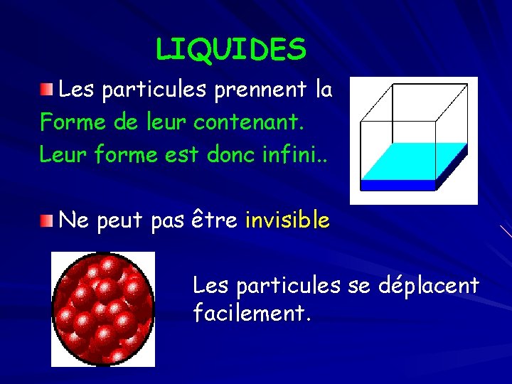 LIQUIDES Les particules prennent la Forme de leur contenant. Leur forme est donc infini.