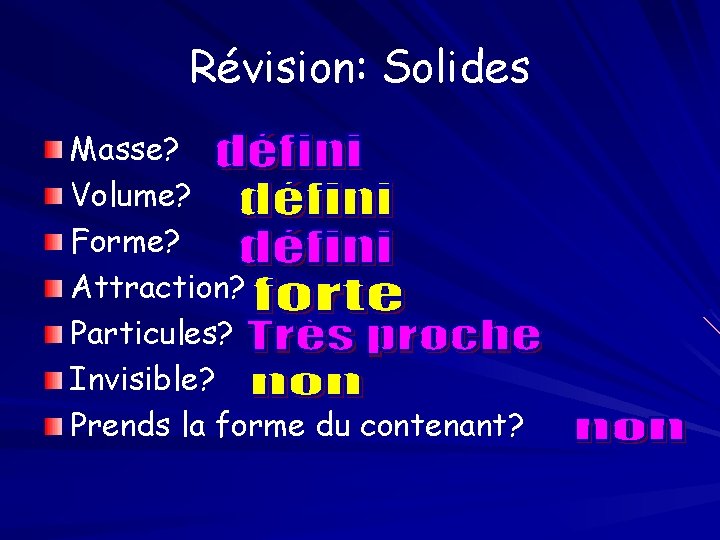 Révision: Solides Masse? Volume? Forme? Attraction? Particules? Invisible? Prends la forme du contenant? 