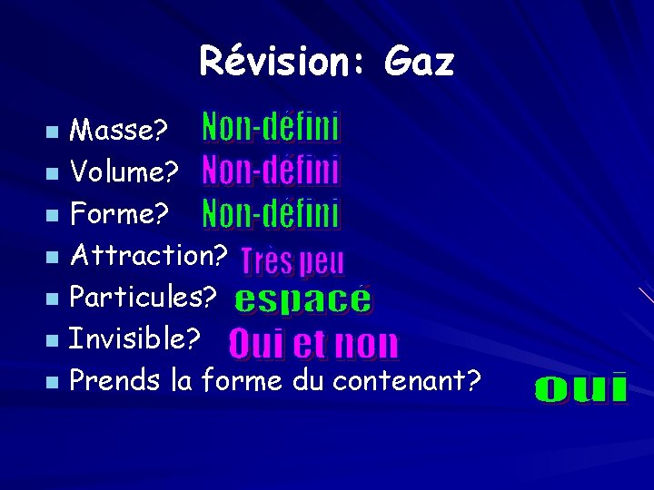 Révision: Gaz Masse? n Volume? n Forme? n Attraction? n Particules? n Invisible? n