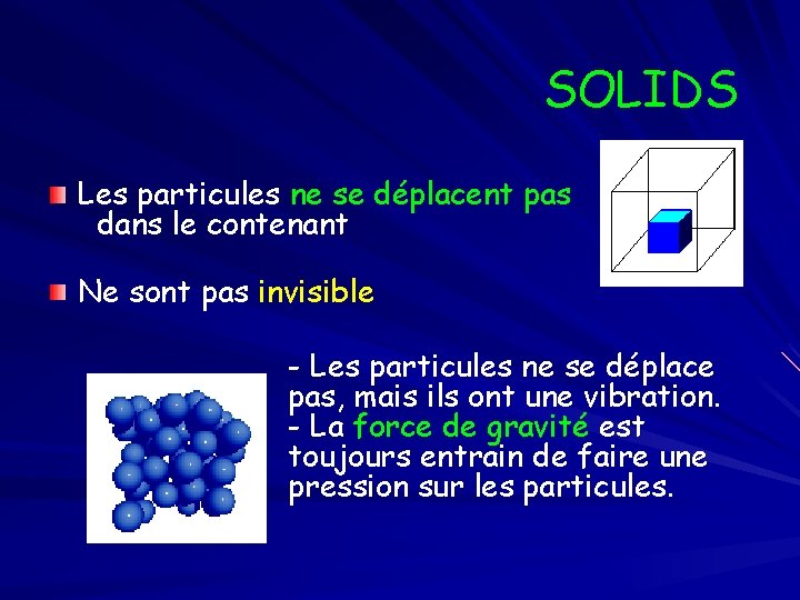 SOLIDS Les particules ne se déplacent pas dans le contenant Ne sont pas invisible