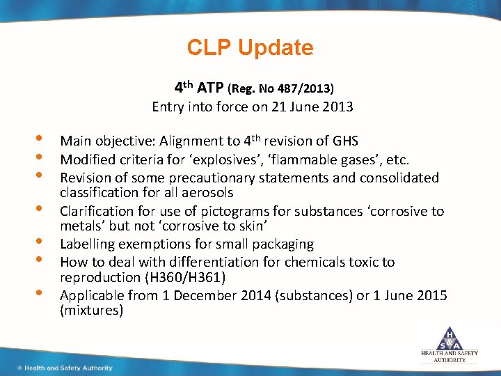 CLP Update 4 th ATP (Reg. No 487/2013) Entry into force on 21 June