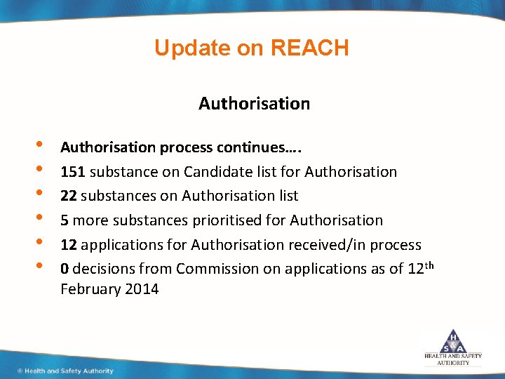 Update on REACH Authorisation • • • Authorisation process continues…. 151 substance on Candidate