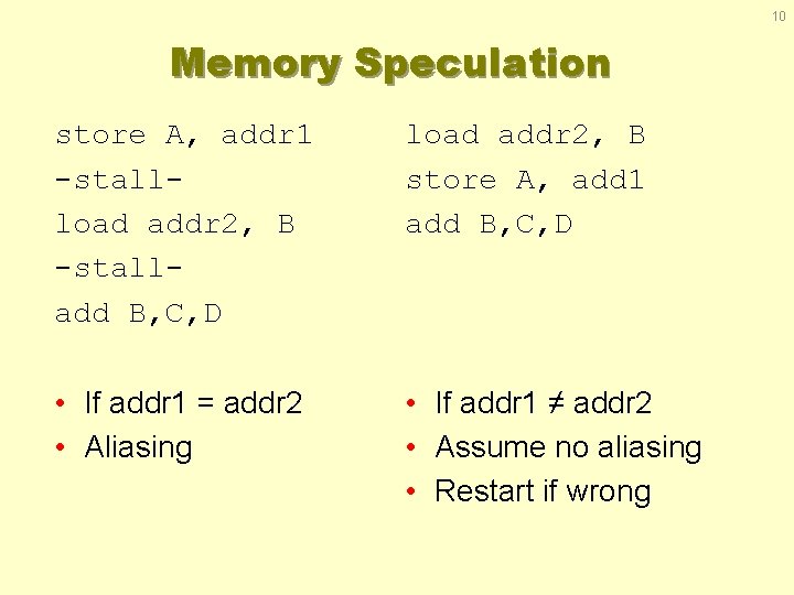 10 Memory Speculation store A, addr 1 -stallload addr 2, B -stalladd B, C,