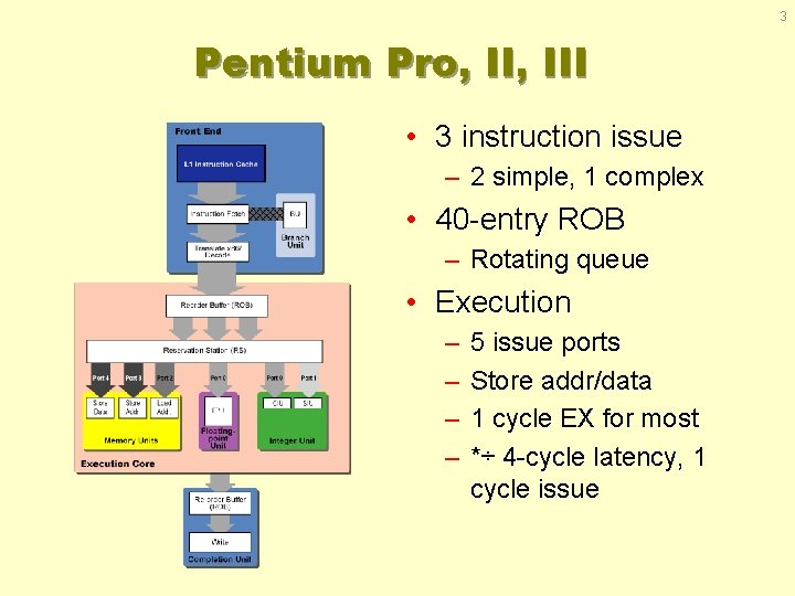 3 Pentium Pro, III • 3 instruction issue – 2 simple, 1 complex •