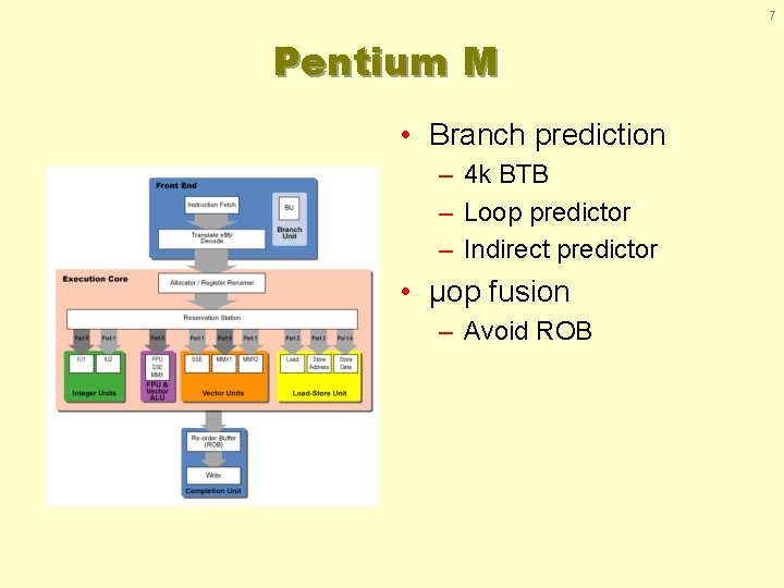 7 Pentium M • Branch prediction – 4 k BTB – Loop predictor –