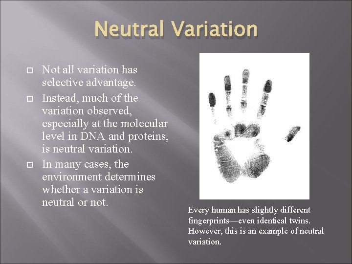 Neutral Variation Not all variation has selective advantage. Instead, much of the variation observed,