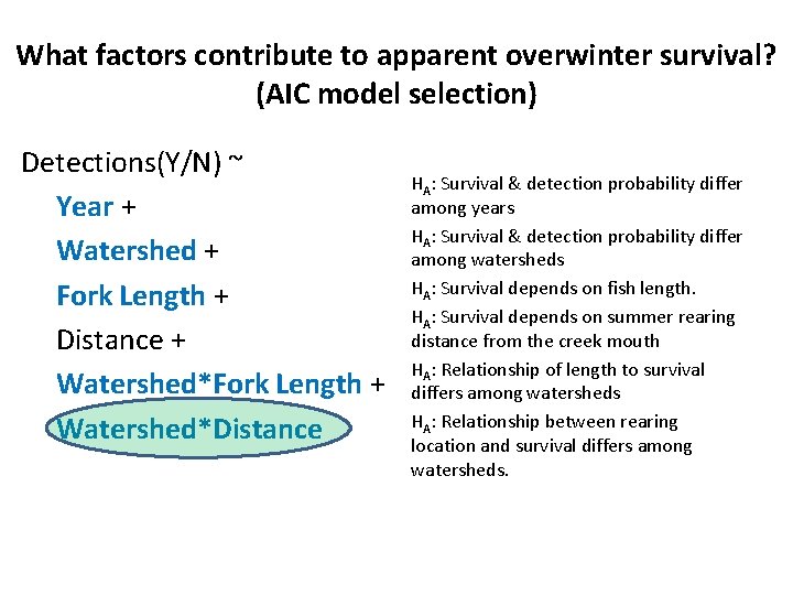 What factors contribute to apparent overwinter survival? (AIC model selection) Detections(Y/N) ~ Year +