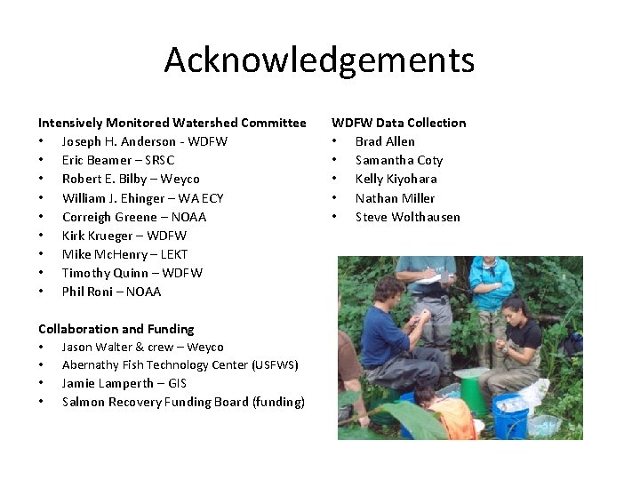 Acknowledgements Intensively Monitored Watershed Committee • Joseph H. Anderson - WDFW • Eric Beamer